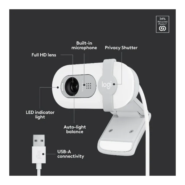 Logitech Brio 100 Webcam, Full HD, micrófono integrado, tapa de privacidad - Blanco - Imagen 4