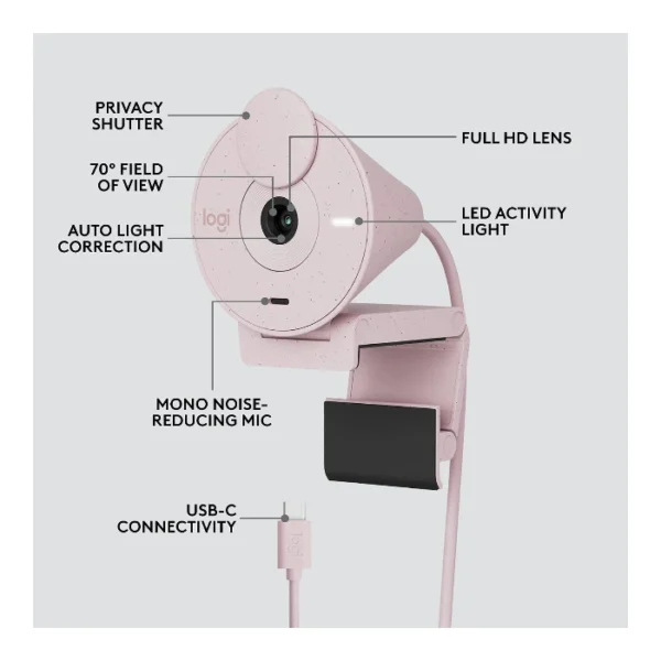 Logitech Brio 300 Webcam Full HD, 2MP, conexión USB-C- Rosa - Imagen 5