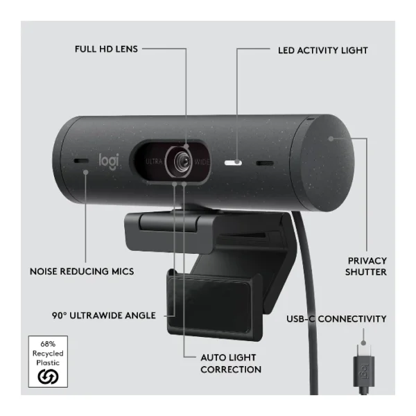 Logitech Brio 500 — Webcam, 4MP, Full HD, conexión USB-C - Negro - Imagen 3