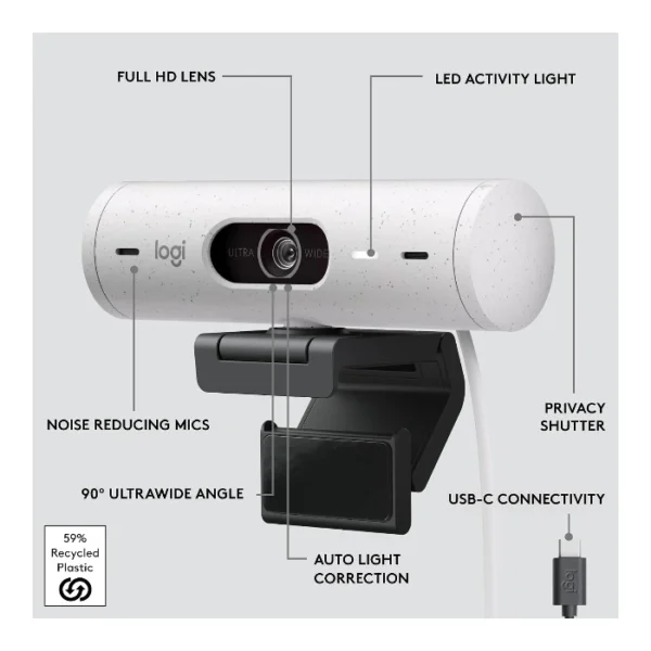 Logitech Brio 500 — Webcam, 4MP, Full HD, conexión USB-C - Blanco - Imagen 3