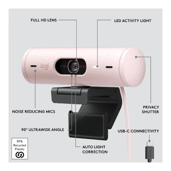 Logitech Brio 500 — Webcam, 4MP, Full HD, conexión USB-C - Rosa - Imagen 3