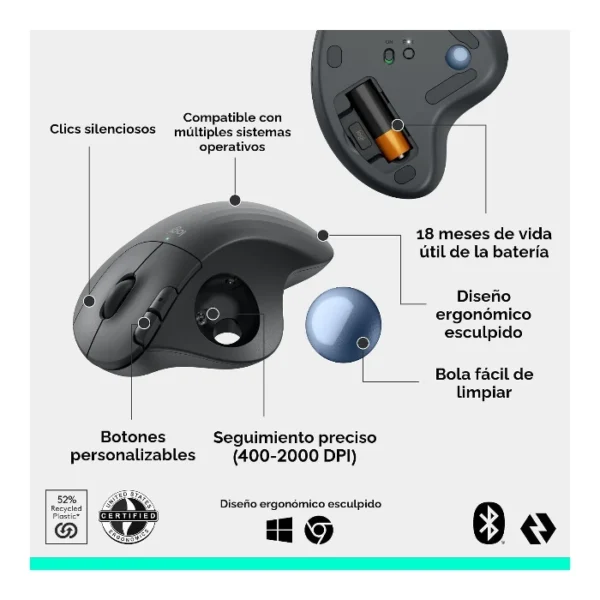Logitech Ergo M575S — Mouse trackball inalámbrico, Bluetooth, ergonómico - Grafito + Bola azul - Imagen 8