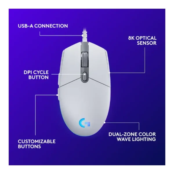 Logitech G203 RGB — Mouse Gaming con cable, LIGHTSYNC - Blanco - Imagen 2