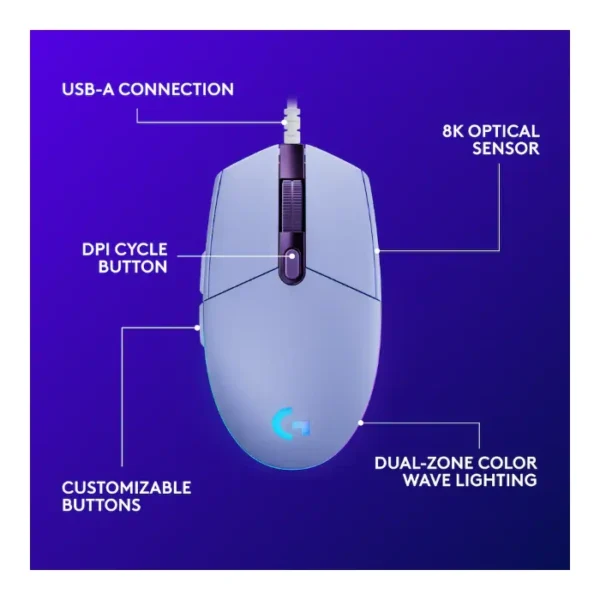 Logitech G203 RGB — Mouse Gaming con cable, LIGHTSYNC - Lila - Imagen 2