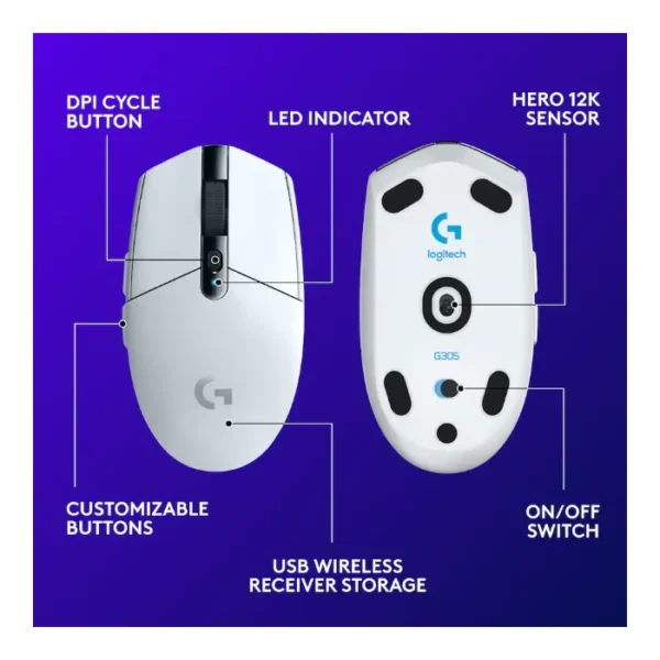 Logitech G305 — Mouse inalámbrico, LIGHTSPEED, HERO 12, 6 botones - Blanco - Imagen 4