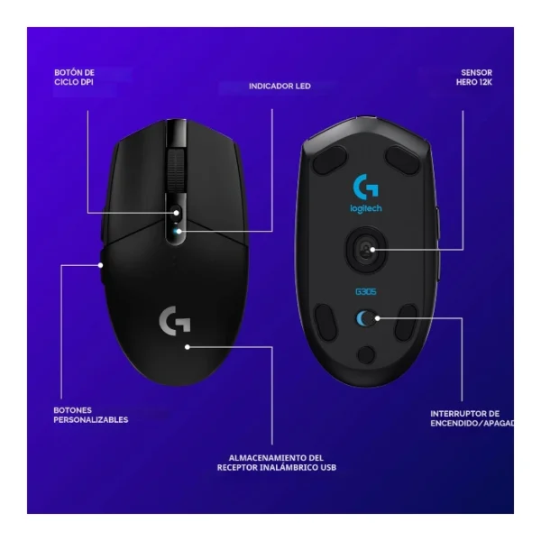 Logitech G305 — Mouse inalámbrico, LIGHTSPEED, HERO 12, 6 botones - Negro - Imagen 6