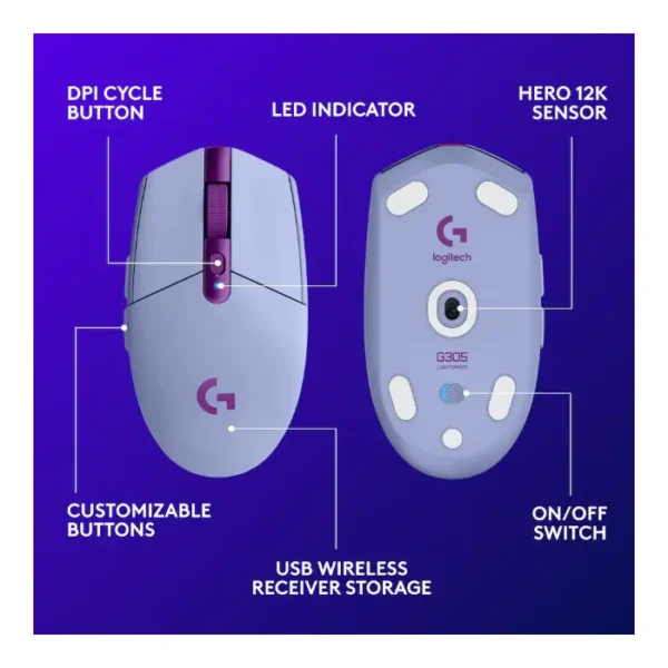 Logitech G305 — Mouse inalámbrico, LIGHTSPEED, HERO 12, 6 botones - Lila - Imagen 4