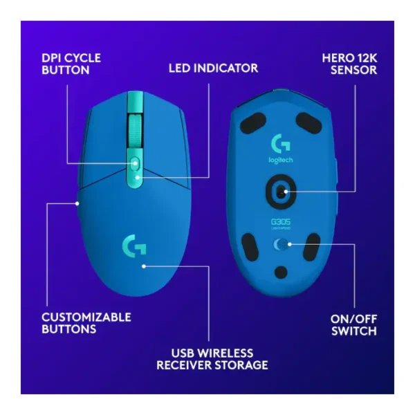 Logitech G305 — Mouse inalámbrico, LIGHTSPEED, HERO 12, 6 botones - Azul - Imagen 4