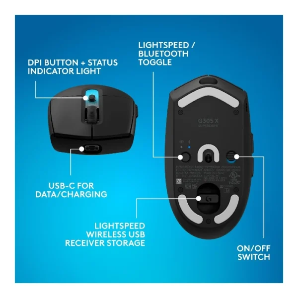 Logitech G305 X SUPERLIGHT Mouse inalámbrico 2.4 GHz/Bluetooth/USB-C, 59g, 44K DPI - Negro - Imagen 10