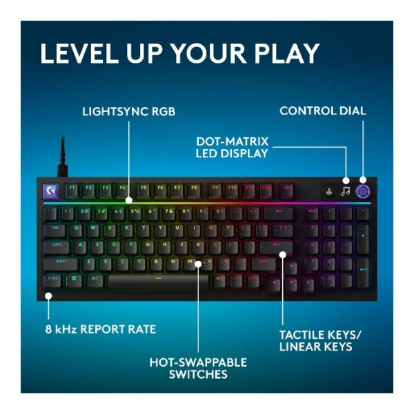 Logitech G316 X 98% — Teclado mecánico, alámbrico, hot-swappable, GL Tactile, inglés, negro - Imagen 8