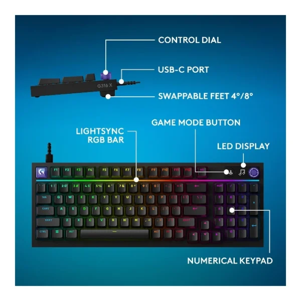 Logitech G316 X 98% — Teclado mecánico, alámbrico, hot-swappable, GL Tactile, inglés, negro - Imagen 10