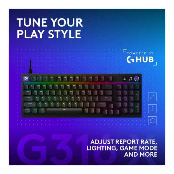 Logitech G316 X 98% — Teclado mecánico, alámbrico, hot-swappable, GL Tactile, inglés, negro - Imagen 9