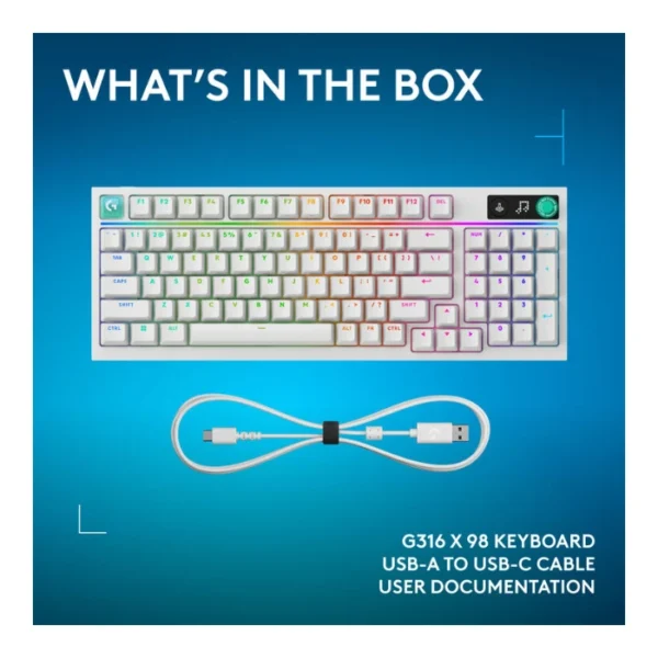 Logitech G316 X 98% White — Teclado mecánico, alámbrico, hot-swappable, GL Tactile, inglés, blanco - Imagen 11