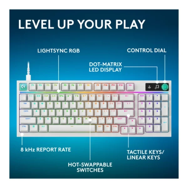 Logitech G316 X 98% White — Teclado mecánico, alámbrico, hot-swappable, GL Tactile, inglés, blanco - Imagen 7