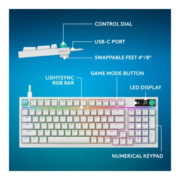 Logitech G316 X 98% White — Teclado mecánico, alámbrico, hot-swappable, GL Tactile, inglés, blanco - Imagen 10