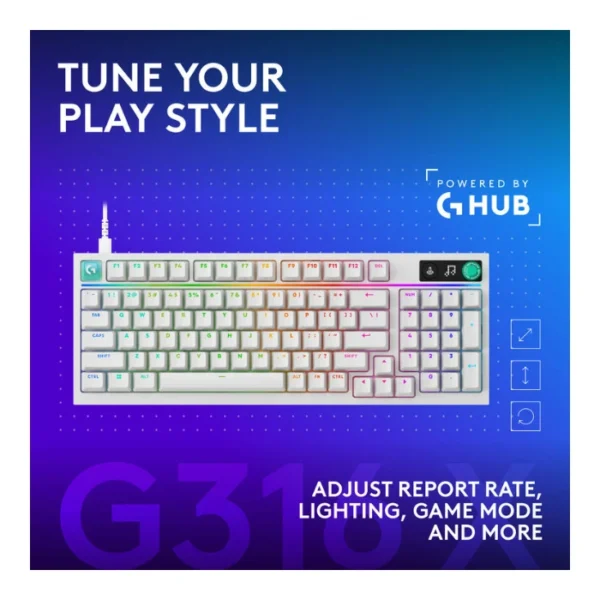 Logitech G316 X 98% White — Teclado mecánico, alámbrico, hot-swappable, GL Tactile, inglés, blanco - Imagen 9