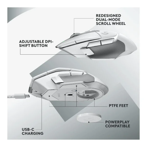 Logitech G502 X LIGHTSPEED White — Mouse inalámbrico, Sensor HERO 25K, Interruptores LIGHTFORCE, Blanco - Imagen 5