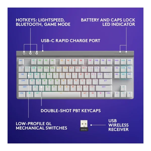 Logitech G515 LIGHTSPEED TKL — Teclado mecánico, inalámbrico, tri-mode, táctil, inglés - Blanco - Imagen 5