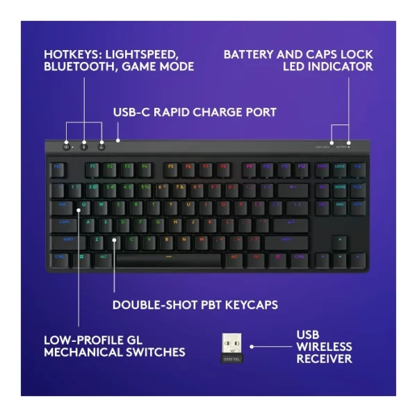 Logitech G515 LIGHTSPEED TKL — Teclado mecánico, inalámbrico, tri-mode, táctil, inglés - Negro - Imagen 5