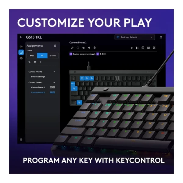 Logitech G515 TKL — Teclado mecánico, alámbrico, RGB, switch táctil, inglés - Negro - Imagen 6