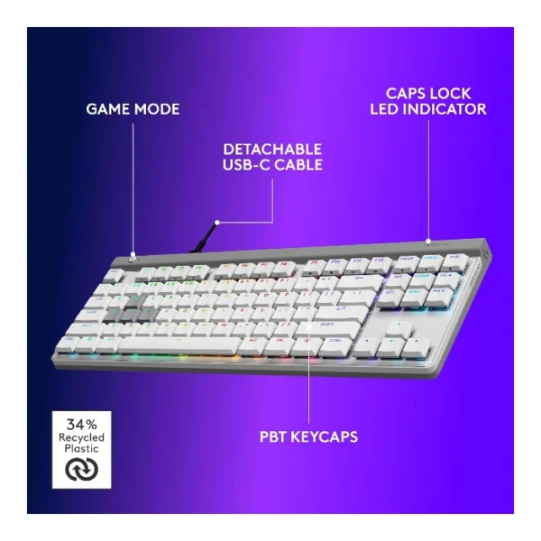 Logitech G515 TKL — Teclado mecánico, alámbrico, RGB, switch táctil, inglés - Blanco - Imagen 2
