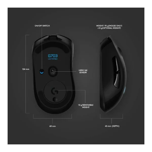 Logitech G703 LIGHTSPEED — Mouse Inalámbrico, 25K Sensor, PowerPlay Compatible - Negro - Imagen 3