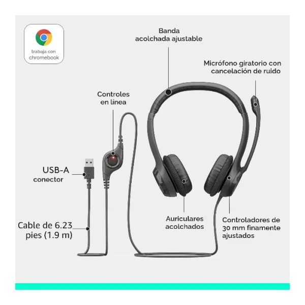 Logitech H390 — Audífono con cable | 1.9m | USB | para conferencias | micrófono - Negro - Imagen 3