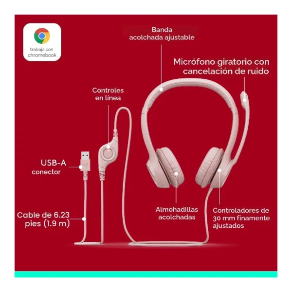 Logitech H390 — Audífono con cable, 1.9m, USB, para conferencias, micrófono - Rosa - Imagen 3