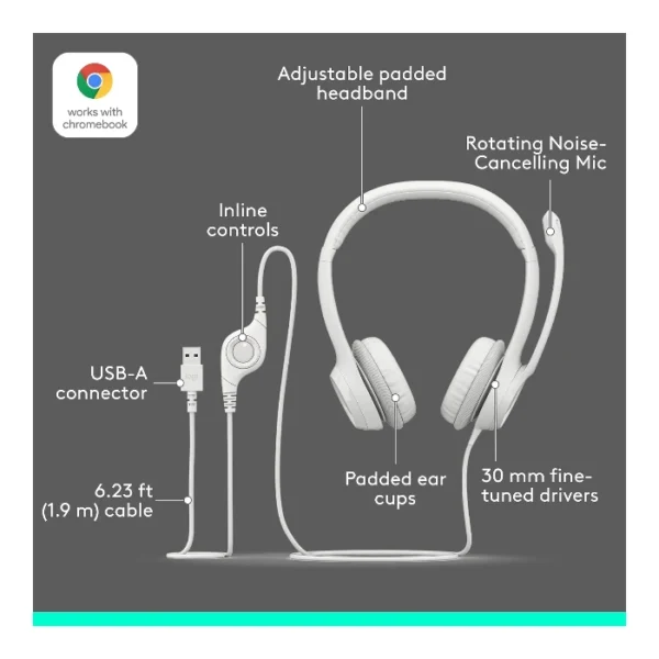 Logitech H390 — Audífono con cable | 1.9m | USB | para conferencias | micrófono - Blanco - Imagen 3