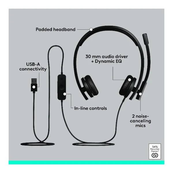 Logitech H570e Doble — Auricular con cable | Stereo | Cancelación de ruido | USB | Negro - Imagen 7