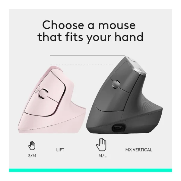 Logitech Lift Vertical — Mouse Inalámbrico | USB-A | Bluetooth | diestros - Rosa - Imagen 7