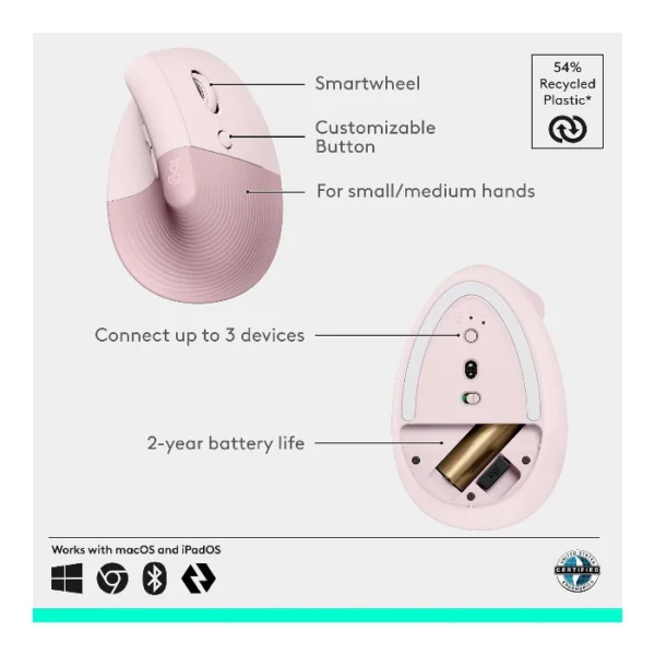 Logitech Lift Vertical — Mouse Inalámbrico | USB-A | Bluetooth | diestros - Rosa - Imagen 6