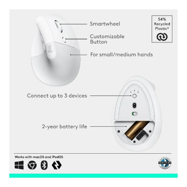 Logitech Lift Vertical — Mouse Inalámbrico | USB-A | Bluetooth | diestros - Blanco - Imagen 6