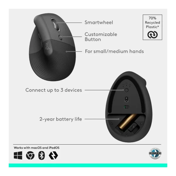 Logitech Lift Vertical — Mouse Inalámbrico, USB-A, Bluetooth, diestros - Negro - Imagen 6