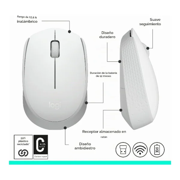 Logitech M170 — Mouse Inalámbrico | USB | 1000DPI - Blanco - Imagen 5