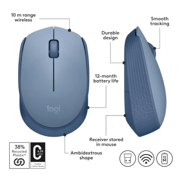 Logitech M170 — Mouse Inalámbrico | USB | 1000DPI - Azul - Imagen 5