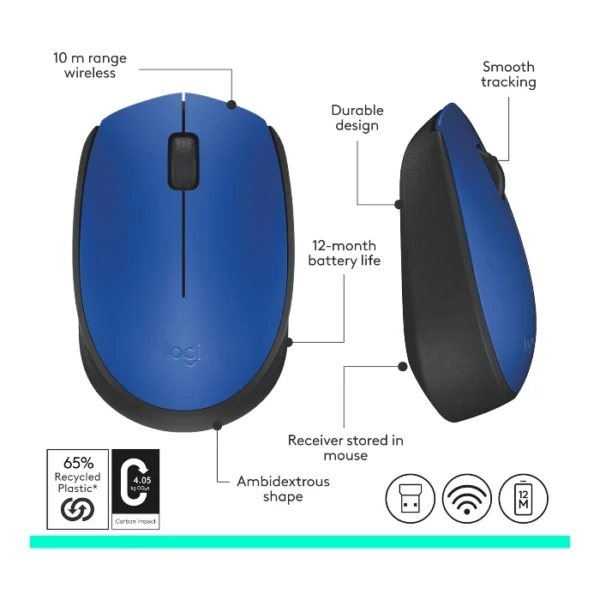 Logitech M170 — Mouse inalámbrico, diestro y zurdo - Azul/Negro - Imagen 5