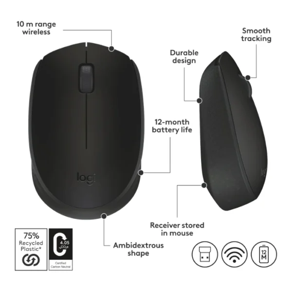 Logitech M170 — Mouse inalámbrico, diestro y zurdo - Negro - Imagen 5