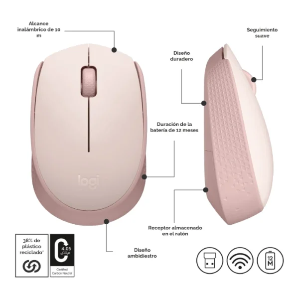 Logitech M170 — Mouse Inalámbrico | USB | 1000DPI - Rosa - Imagen 5