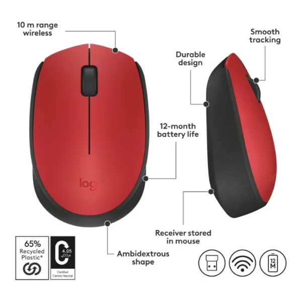 Logitech M170 — Mouse inalámbrico, diestro y zurdo - Rojo/Negro - Imagen 5