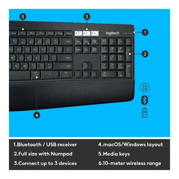 Logitech MK850 Performance — Juego de teclado y ratón inalámbrico, Inglés, Bluetooth - Negro - Imagen 7