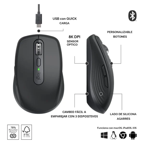 Logitech MX Anywhere 3S — Mouse compacto inalámbrico, Bluetooth, multidispositivo - Grafito - Imagen 3