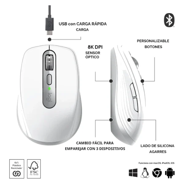 Logitech MX Anywhere 3S — Mouse compacto inalámbrico, Bluetooth, multidispositivo  - Gris pálido - Imagen 3