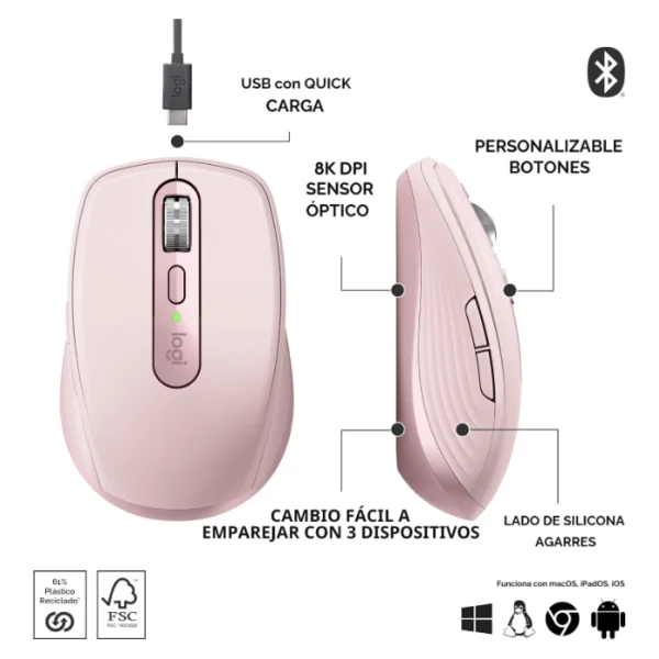 Logitech MX Anywhere 3S — Mouse compacto inalámbrico, Bluetooth, multidispositivo  - Rosa - Imagen 3