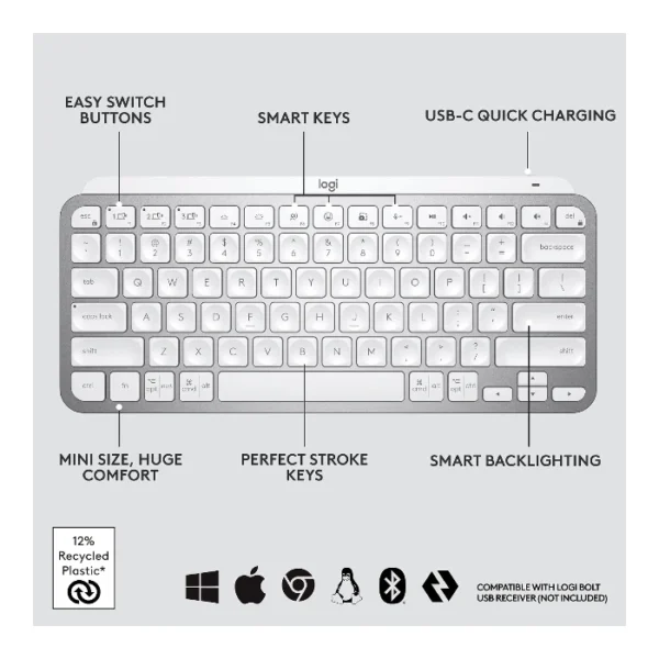 Logitech MX Keys Mini Teclado inalámbrico iluminado, bluetooth, español - Blanco - Imagen 5