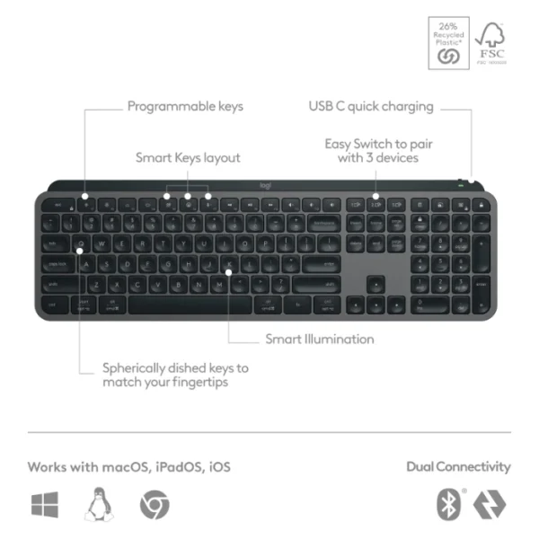 Logitech MX Keys S — Teclado inalámbrico iluminado, Bluetooth, Español, Multidispositivo - Grafito - Imagen 10