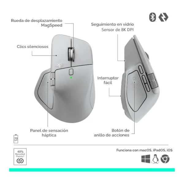 Logitech MX Master 4 — Mouse inalámbrico de alto rendimiento con respuesta táctil, Bluetooth, versión Standard - Gris Pálido - Imagen 12