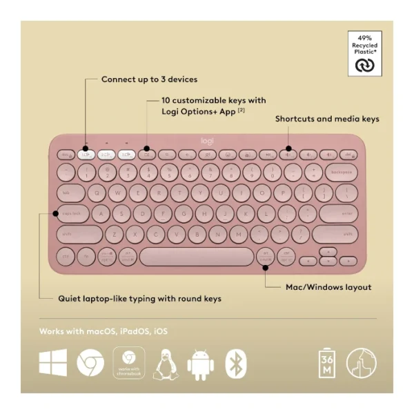 Logitech Pebble Keys 2 K380s — Teclado inalámbrico, Bluetooth, Español - Rosa - Imagen 4