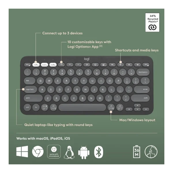 Logitech Pebble Keys 2 K380s — Teclado inalámbrico, Bluetooth, Español - Negro - Imagen 4