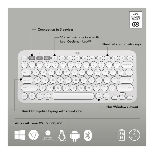 Logitech Pebble Keys 2 K380s — Teclado inalámbrico, Bluetooth, Español - Blanco - Imagen 5